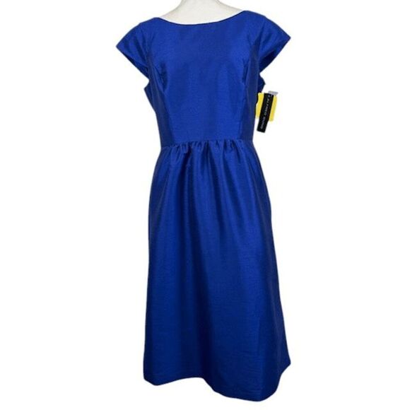 NWT Alfred Sung Cocktail Length Dress Royal Blue Satin Cap Sleeve D568 Size 16